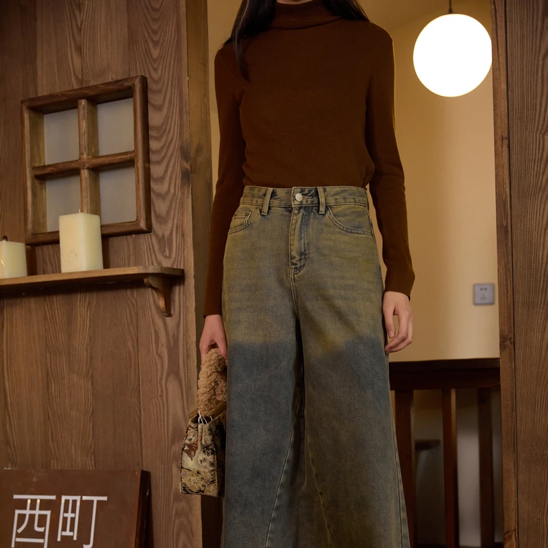 西町村屋阔腿牛仔裤女2023秋冬季新款复古水洗宽松裤子AD8307002
