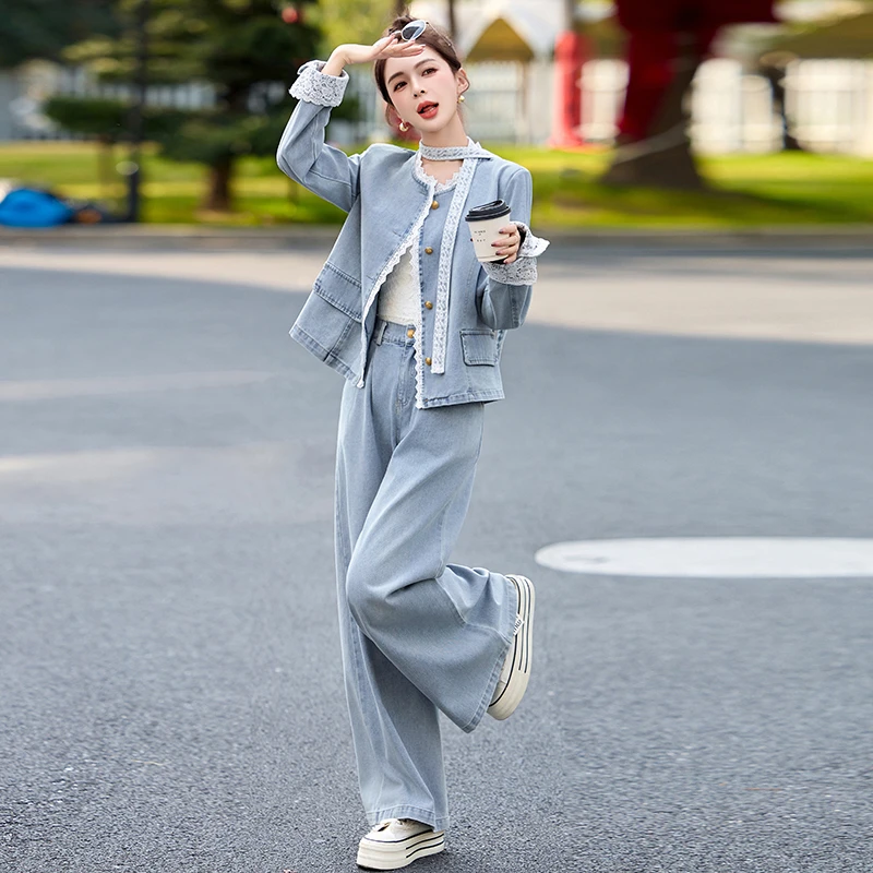 蕾丝拼接牛仔套装裤女2025早春新款盐系甜酷松弛感气质显瘦两件套