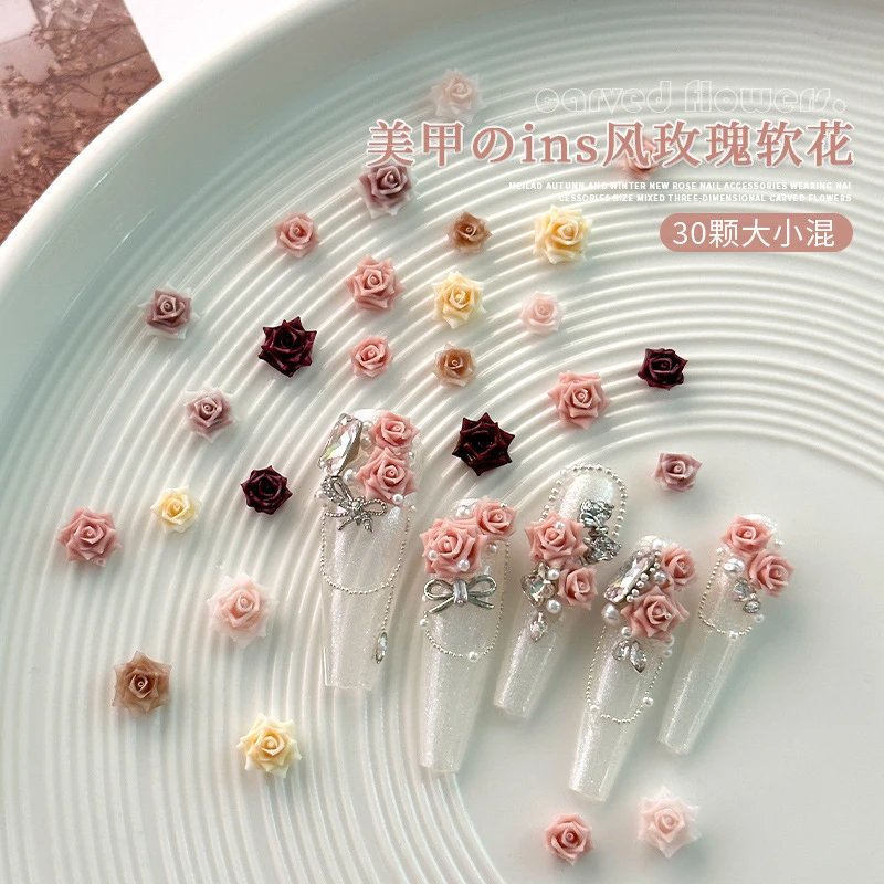 哥特玫瑰花美甲饰品彩色山茶花软雕花安可拉红色指甲立体花朵装饰