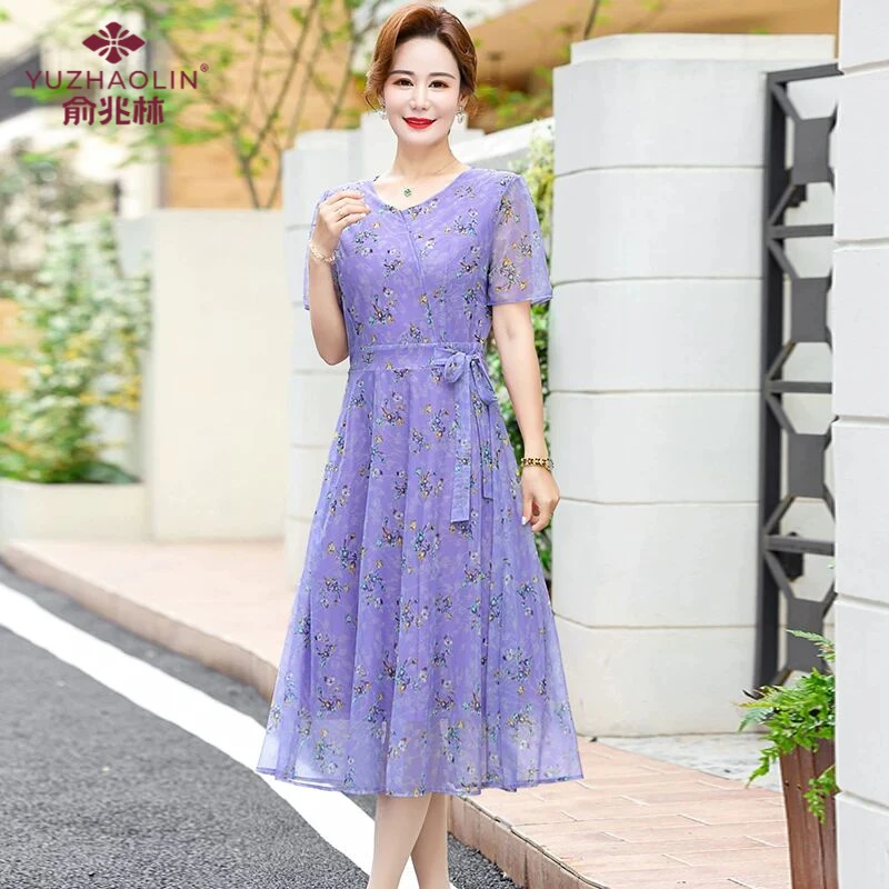 俞兆林装雪纺连衣裙中年妇女遮肚裙子中老年女装夏季时尚气质长裙