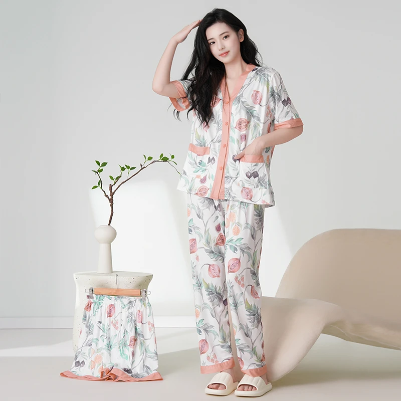 奢莱蔻夏季花卉短袖睡衣女士休闲宽松夏天透气可外穿家居服三件套