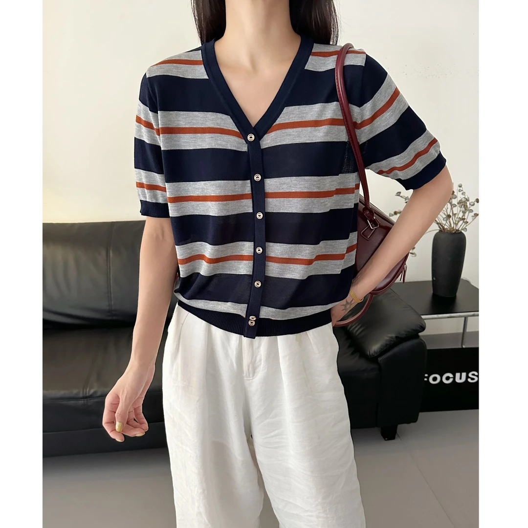 100莱赛尔天丝~夏款撞色条纹V领针织短袖开衫女上衣宽松