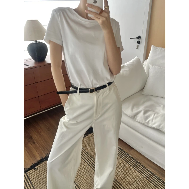 正肩灰色短袖t恤女时尚百搭经典圆领打底衫简约内搭T恤SSZ253002