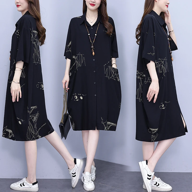 大码胖MM遮肉显瘦衬衫中长裙2025夏季新款时尚潮流印花宽松连衣裙