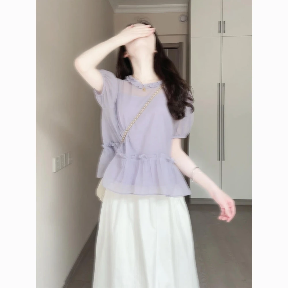 洋气衣服女2025紫色温柔风防晒上衣显瘦小衫透气短袖t恤半身裙子