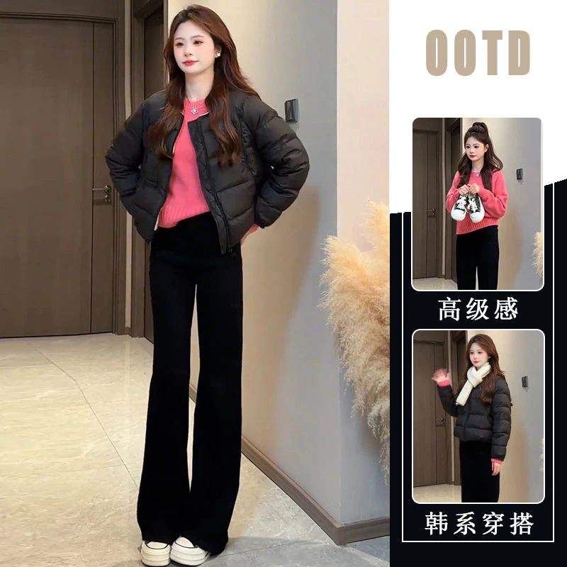 巨好看的冬装一整套韩系时尚小个子棉服外套粉色上衣牛仔裤三件套
