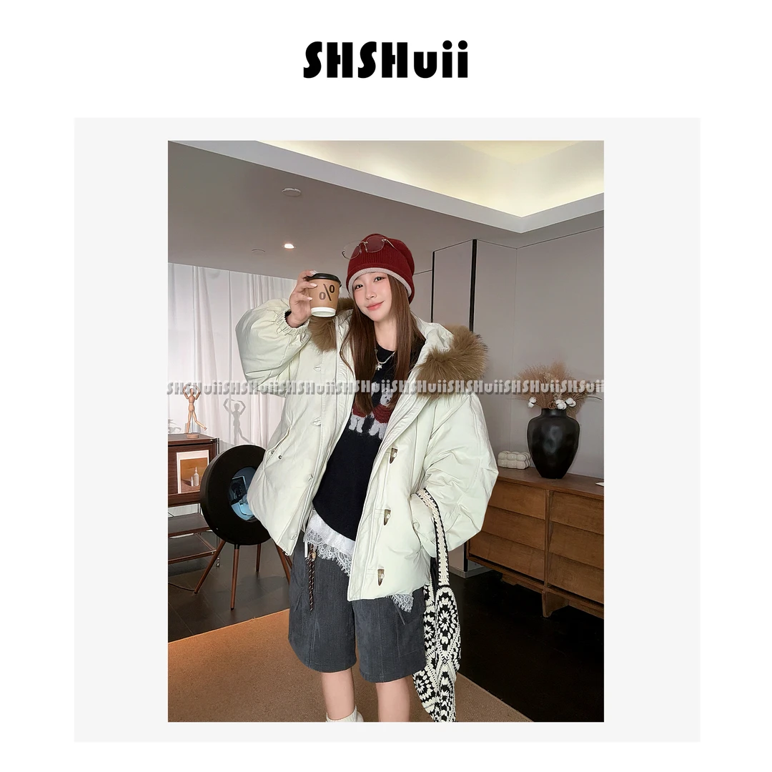 IN.SHuii【咖予浮屿】狐狸毛领连帽90%白鸭绒羽绒服/zld