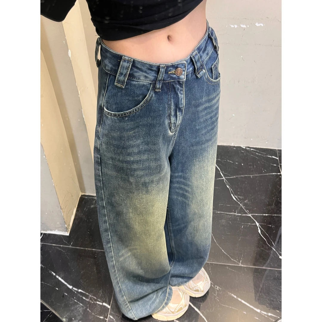 范范与凡凡【松驰高级】早春款重工水洗做旧磨白阔腿慵懒牛仔拖地裤