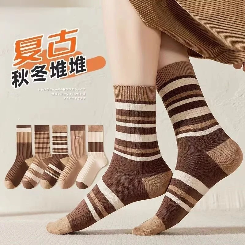 美拉德色系袜子秋冬季中筒袜堆堆潮流条纹女士防臭百搭吸汗长筒袜