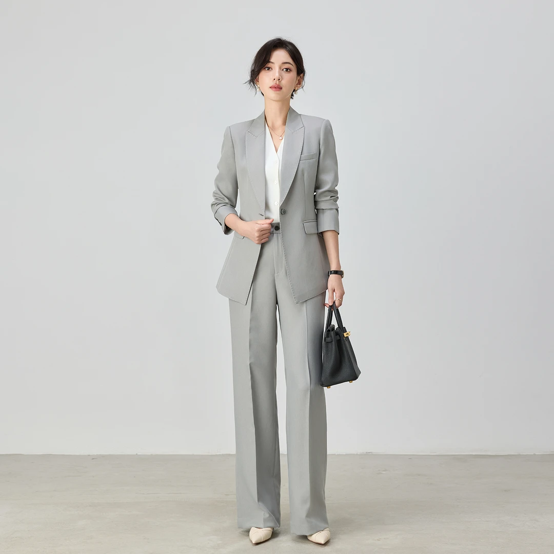 灰色西装套装女正装春秋新款气质女神范高端职业装直筒裤两件套