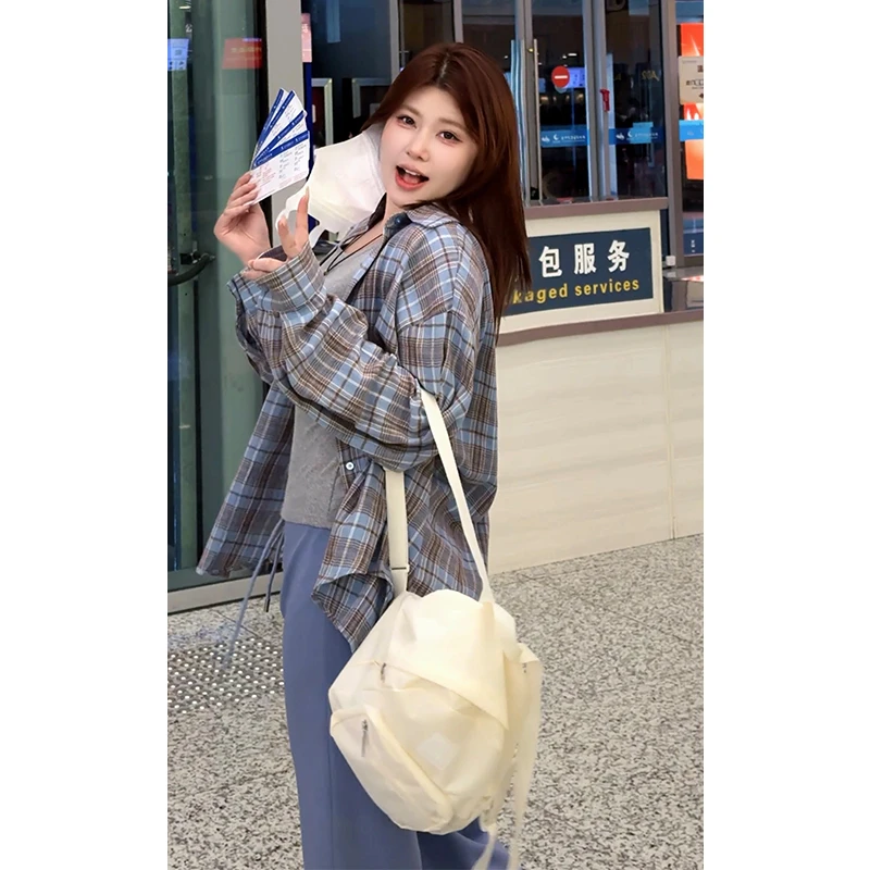 DMcc大蜜【韩系街头】休闲慵懒格纹衬衣+长袖T+阔腿裤微胖mm套装秋