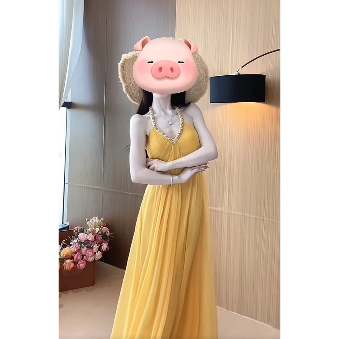 夏季新款时尚气质法式挂脖绑带减龄连衣裙长裙（自带胸垫）其它