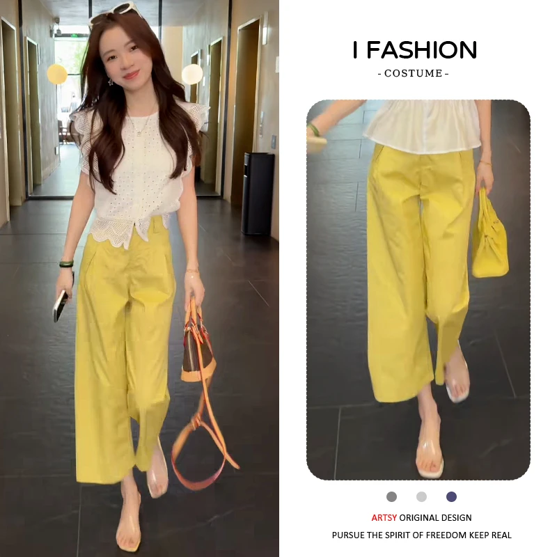 韩版百搭宽松休闲裤女2025年夏季新款显瘦休闲高腰纯色九分阔腿裤