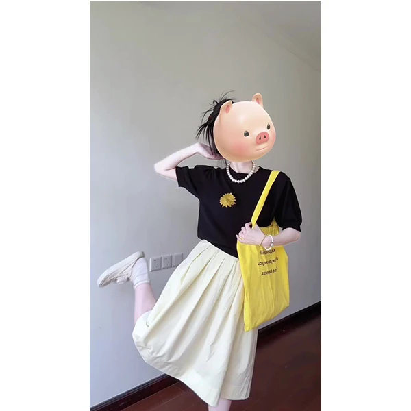 夏季新款独特韩系黑色刺绣短袖上衣长裙半裙套装女