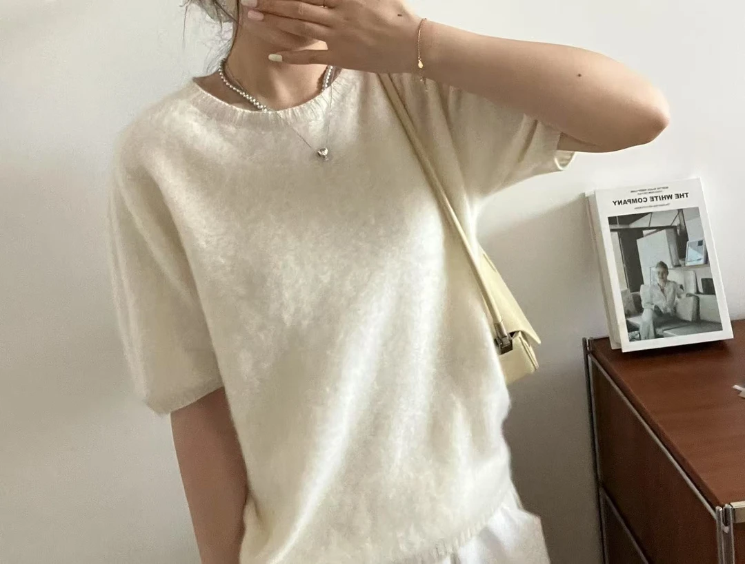 XFYN |【半袖】无缝一体春秋羊绒衫水洗拉绒圆领套头针织衫毛衣