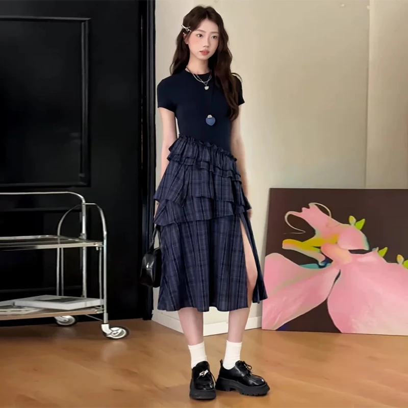 微胖定制【W3295】夏季设计感假两件拼接A字连衣裙