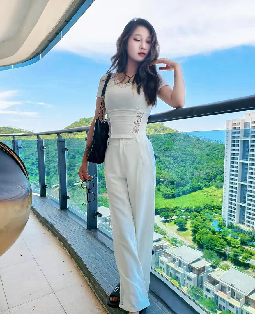 高腰口袋薄款休闲裤夏季短款长裤网红针织西装镂空