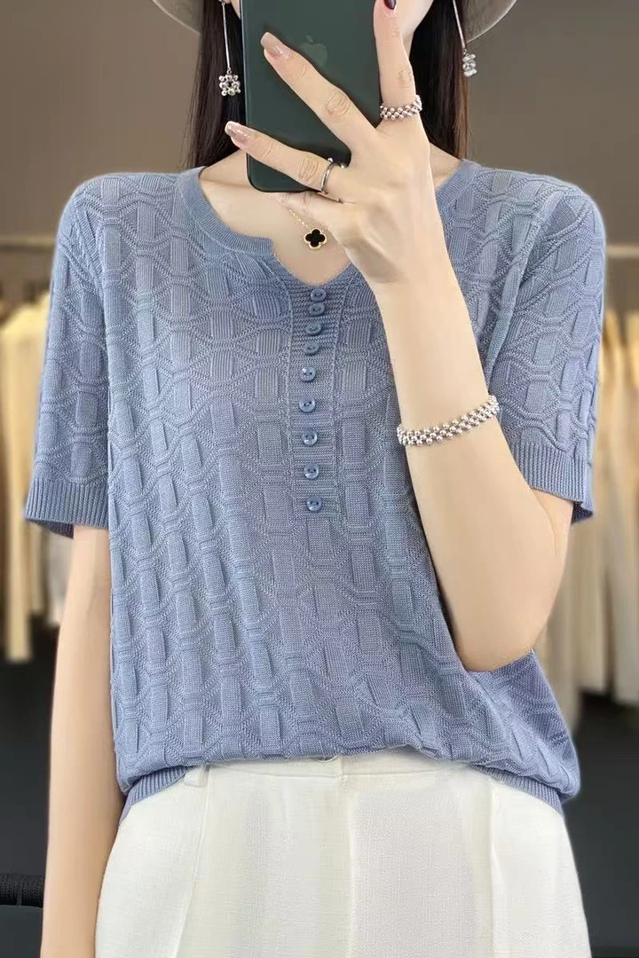 莱赛尔天丝~清凉舒适夏季V领针织短袖显瘦气质时尚百搭纯色套头