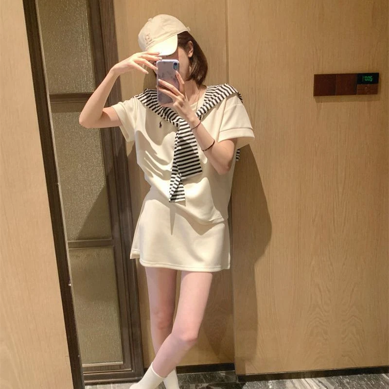 慵懒风运动夏季女装纯棉小马刺绣短袖显瘦半身裙搭配披肩三件套潮