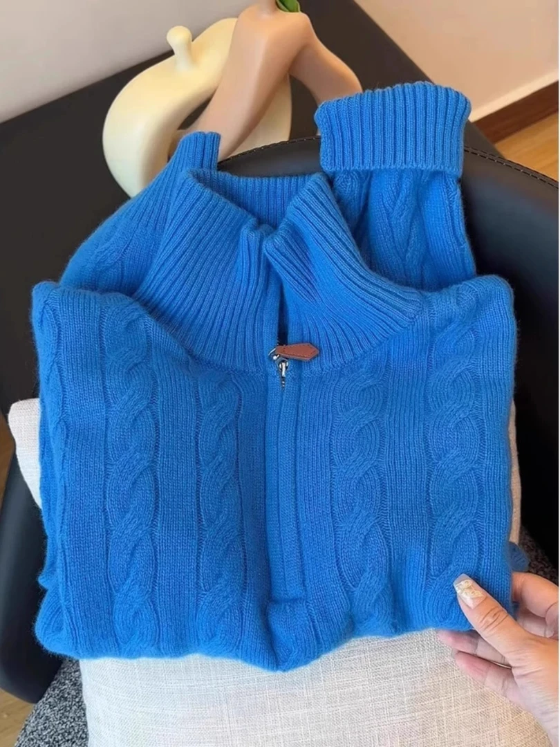 高级感克莱因蓝半开领毛衣女秋冬新款宽松休闲减龄翻领显瘦上衣