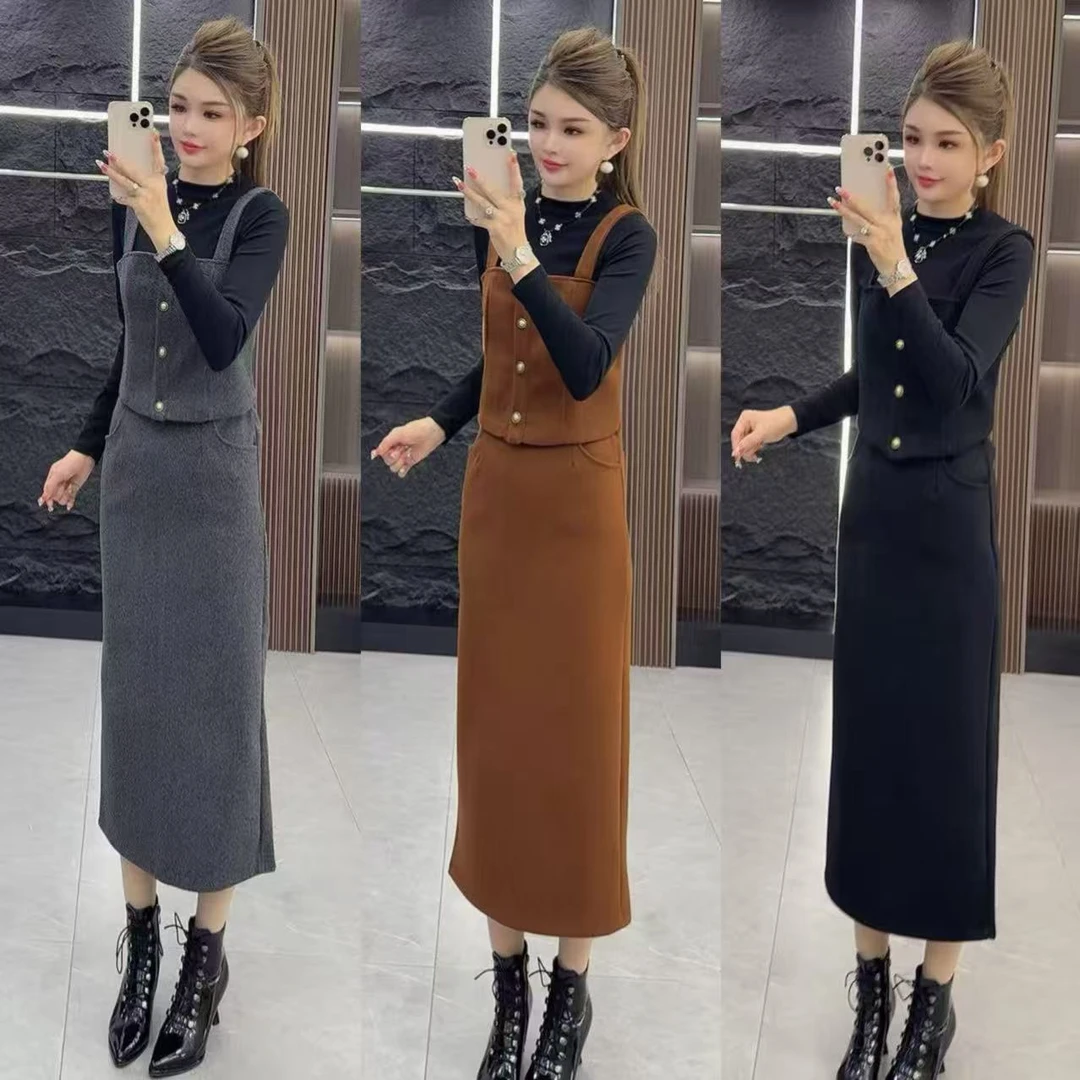 秋季4164 气质显瘦单排扣马甲 加 长裙 加 打底衫 三件套