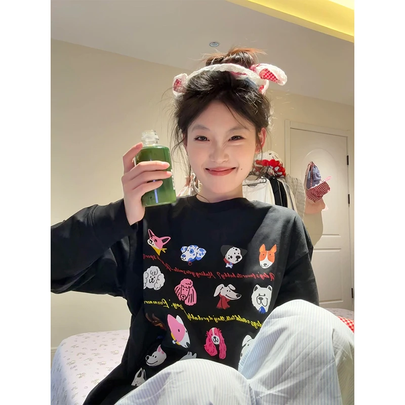 美式时尚卡通小狗黑色ins长袖T恤女秋新款宽松休闲百搭显瘦上衣潮