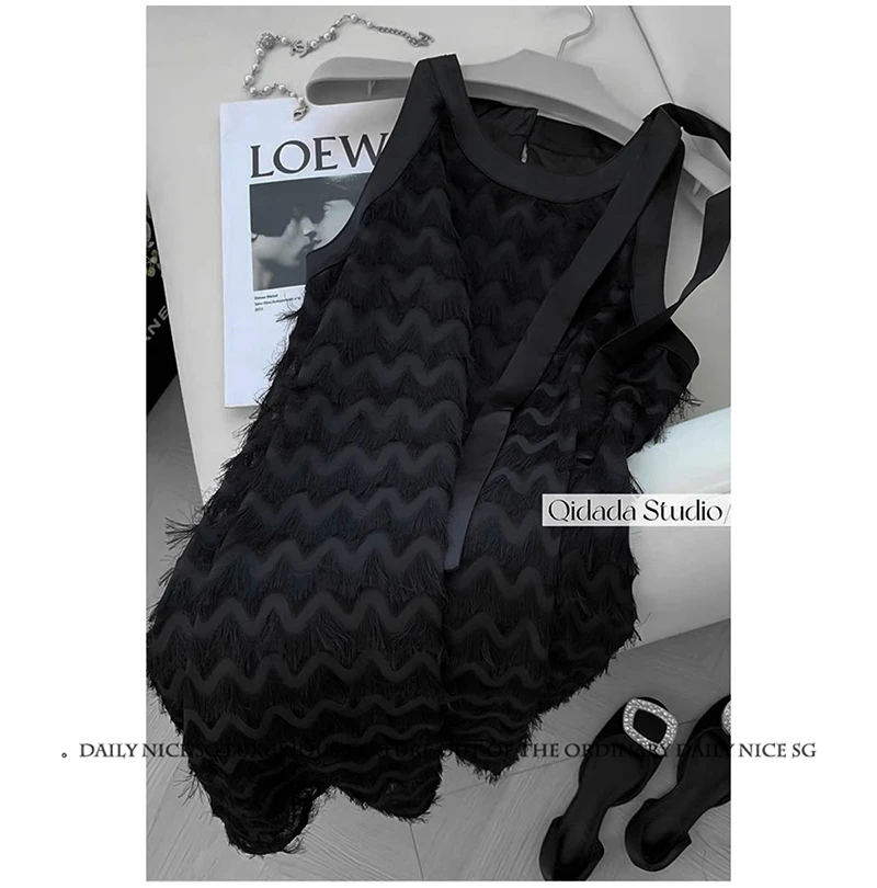 夏季新款洋气小香风名媛气质麦穗流苏系带显瘦无袖背心裙女