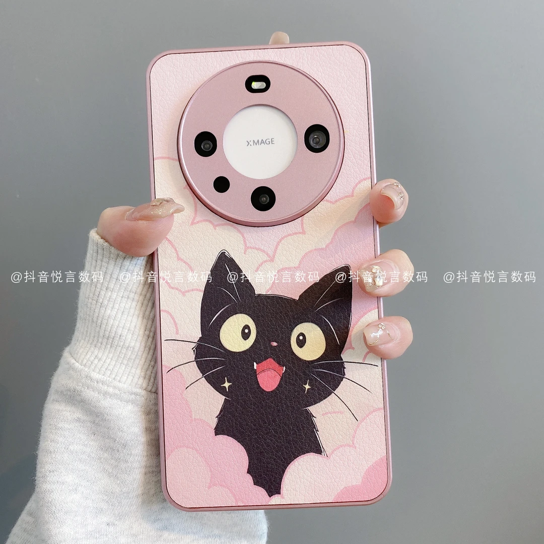 金属皮革适用华为mate70pro/60/50/40/30苹果16pro小米手机壳黑猫