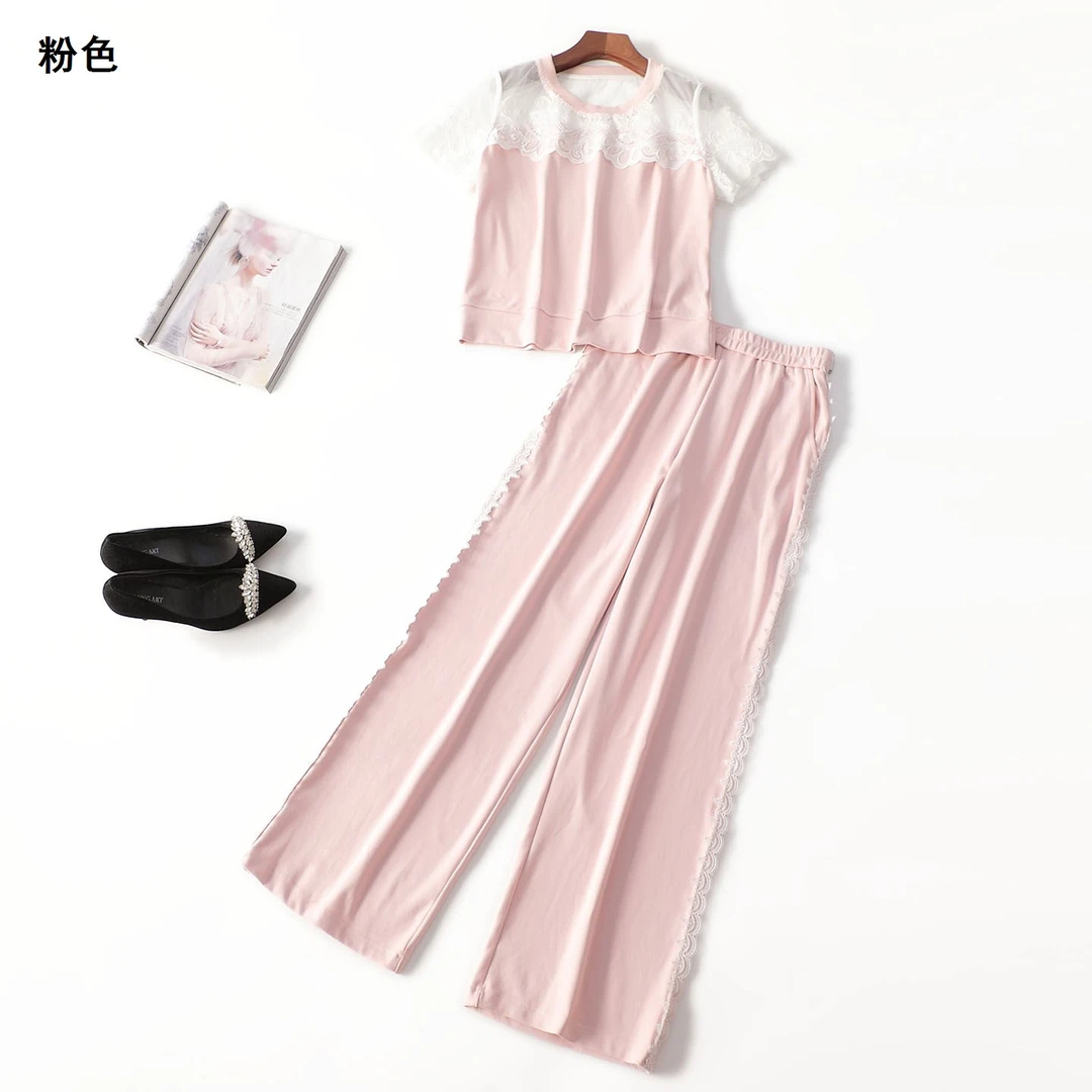 411558夏韩版大码长款短袖圆领上衣夏季裤子套装夏天休闲阔腿裤