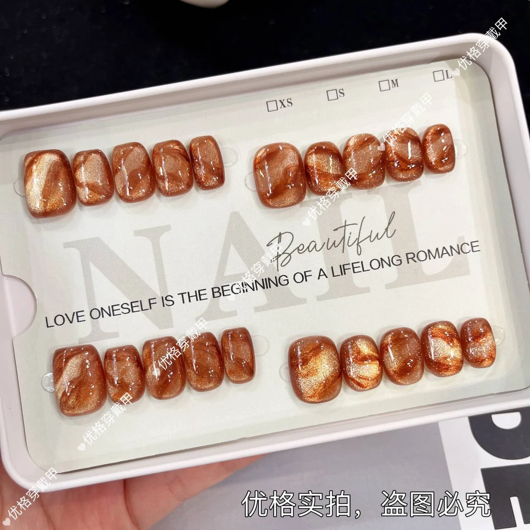 【实物深一些-冰美式】秋冬手绘纯手工穿戴甲片甲贴片10片装美甲F51