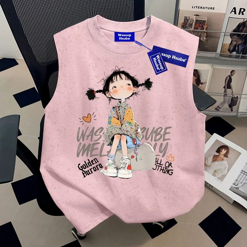 WASSUP夏季粉色扎染背心男女款纯棉T恤ins小女孩印花凉感无袖上衣