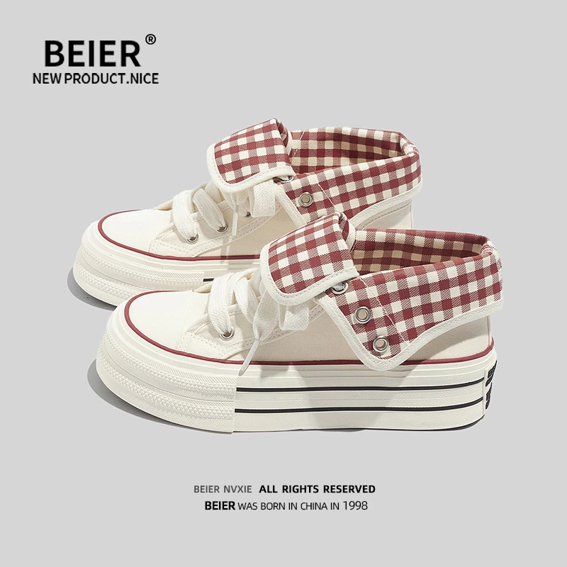 BEIER厚底格子时尚帆布鞋2025秋季款爆款休闲风韩版板系女鞋6916