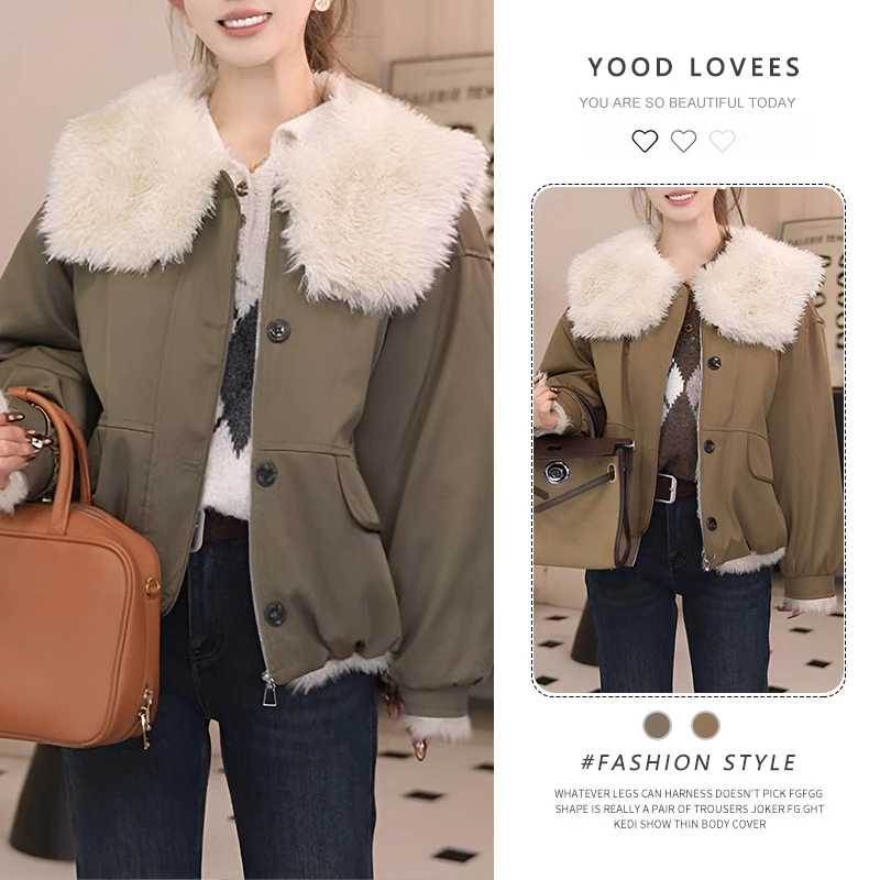 皮毛一体毛毛大翻领厚外套2025新款女冬短款加绒加厚棉服夹克大衣