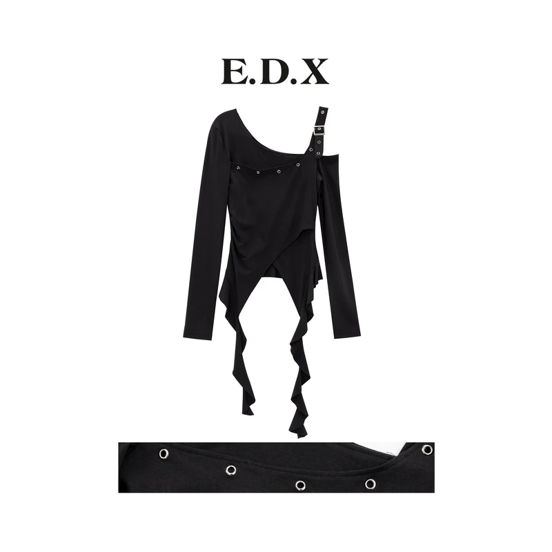 EDX原创春季新款黑色斜肩不规则长袖女褶皱收腰显瘦长袖T恤69236