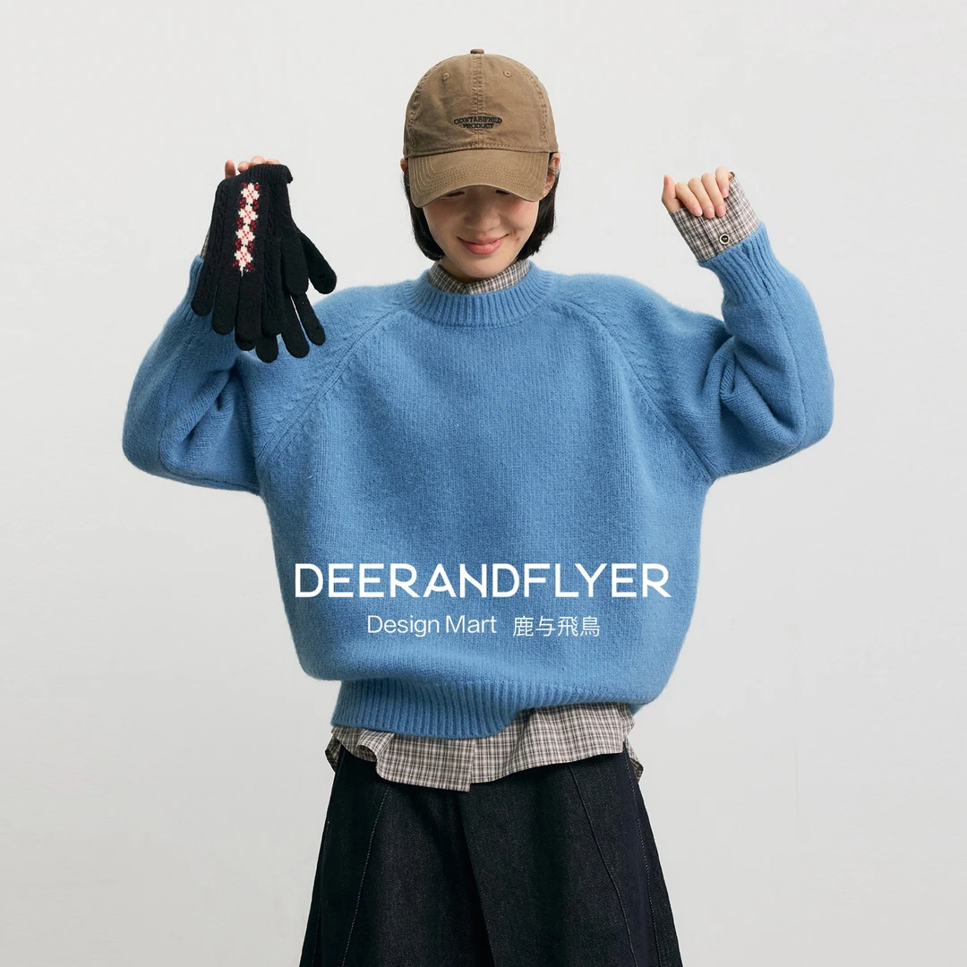 鹿与飞鸟“柔糯好心情”秋冬保暖叠穿慵懒三色插肩袖套头毛衣7227-