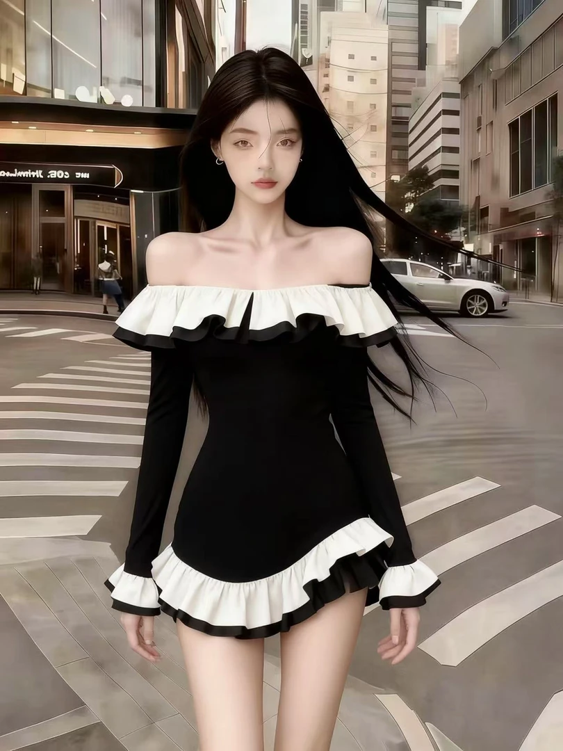 秋冬季静奢小众设计御姐风黑色一字领露肩抹胸长袖修身高腰连衣裙