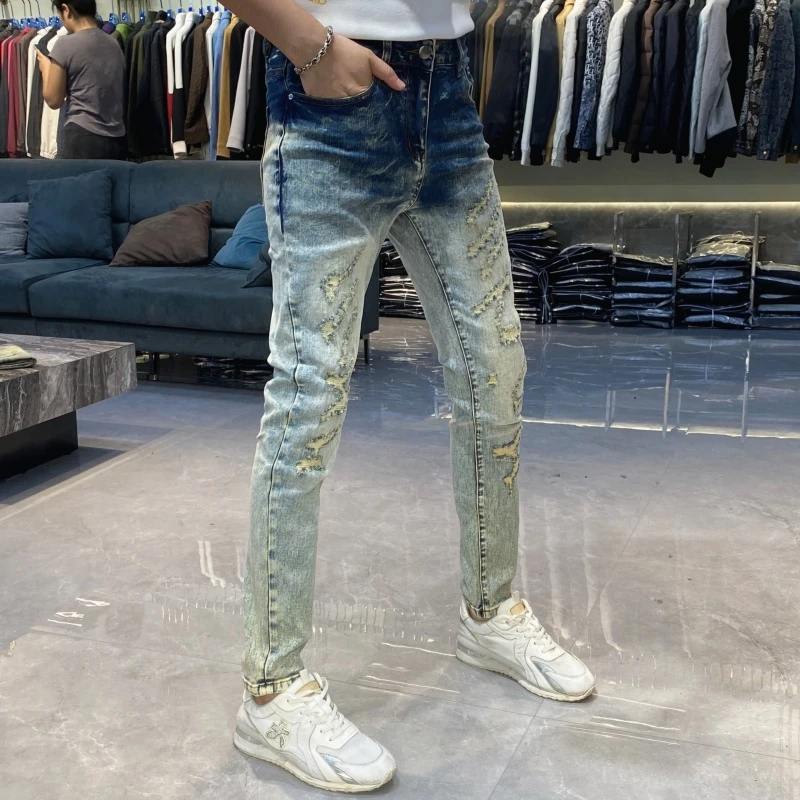【也许家】新品男士破洞蓝色修身弹力小脚牛仔裤青年时尚长裤CC7137