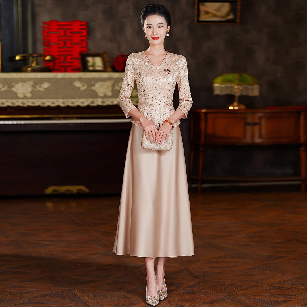 2025新款国庆中腰V领荷叶边裙礼服喜婆婆妈妈结婚优雅晚礼服修身