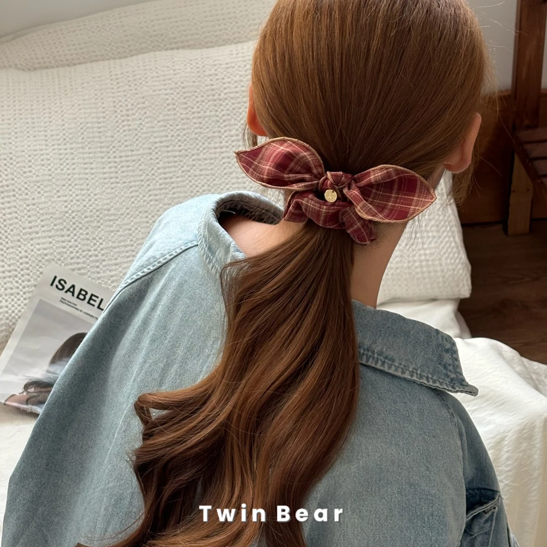 Q271 减龄复古格纹学院风蝴蝶结发圈小肠圈皮筋头绳发绳发饰