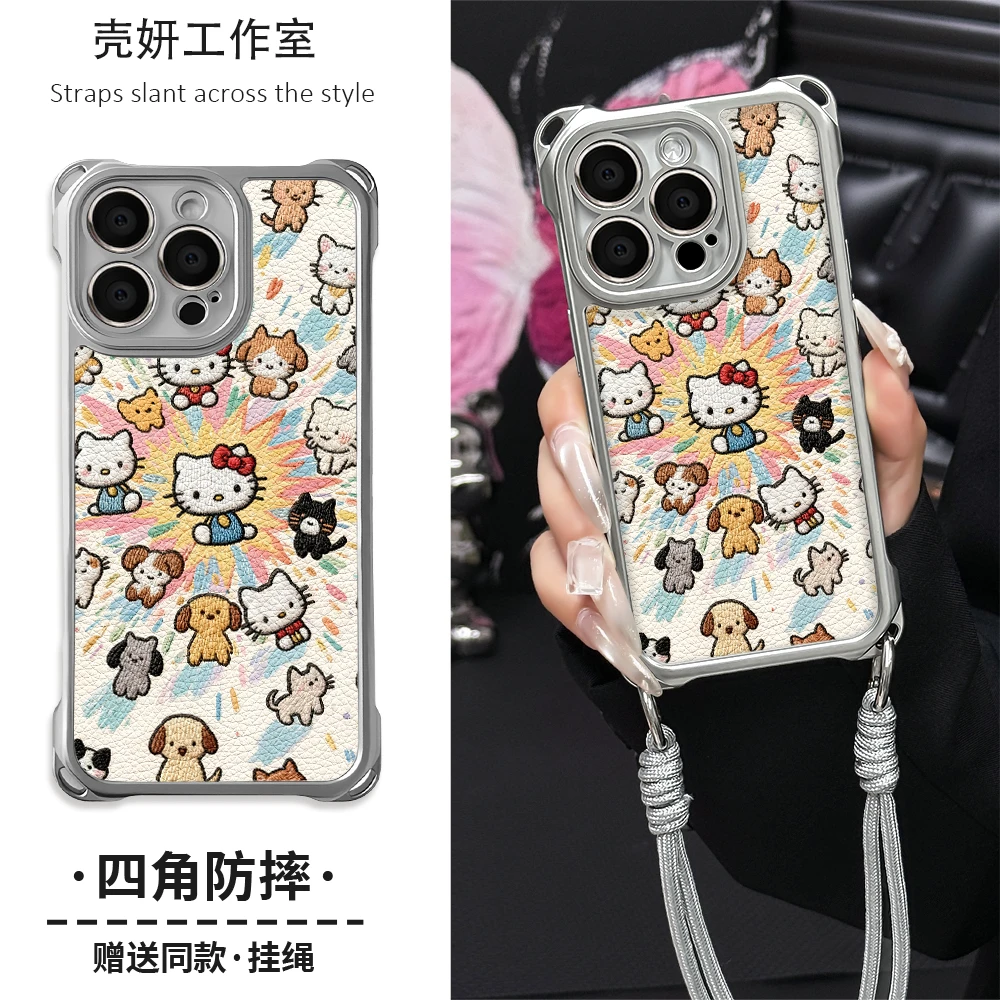 爆炸KT猫刺绣适用于苹果17华为OPPO小米VIVO简约四角挂绳手机壳