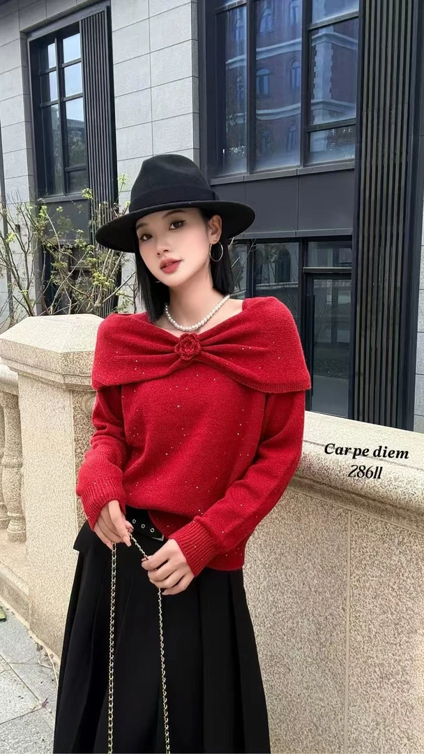 28611冬季时尚气质毛衣特色领亮闪短款毛衣针织衫长度56