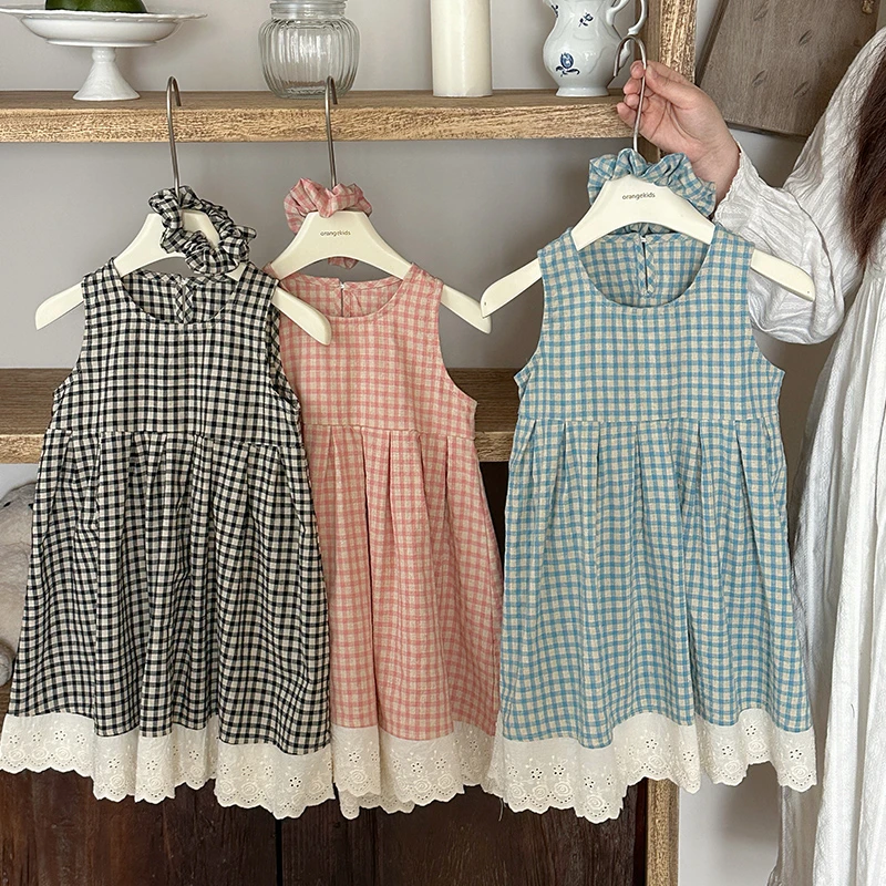 【橘子家】女童清新格子拼接蕾丝花边无袖背心连衣裙配发圈HS62267
