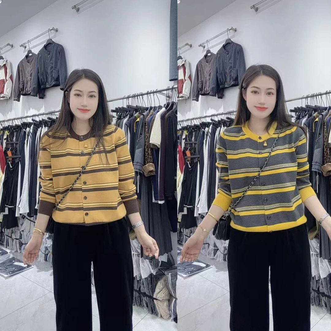 84秋冬撞色条纹圆领长袖针织开衫秋季百搭上衣