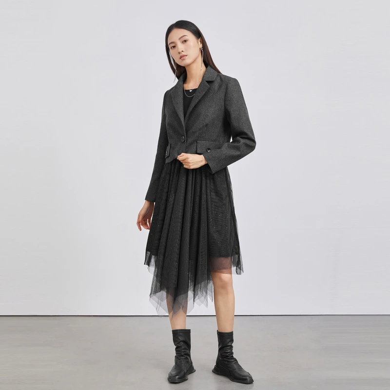 【粉丝专享】圣迪奥时尚气质显瘦网纱毛呢西装连衣裙套装S223Z1453