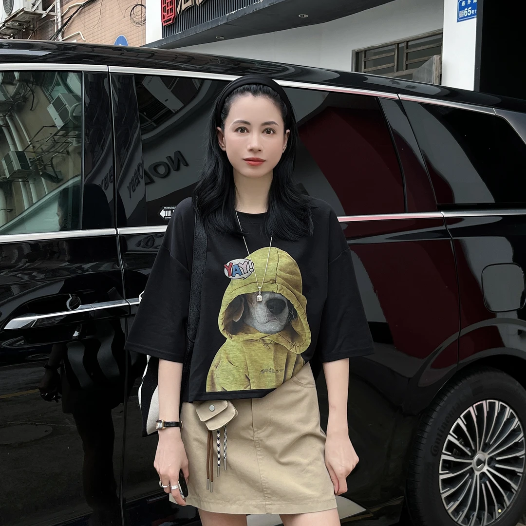 【Si&华严选】轻奢时尚气质百搭显瘦卡通狗狗印花圆领短袖T恤25850