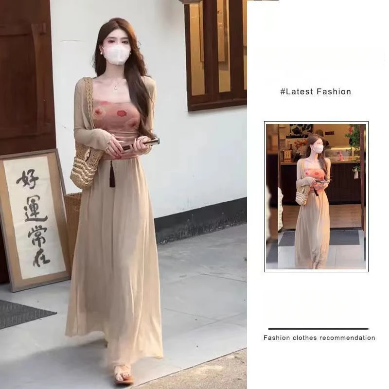 微醺甜酒中式气质套装2025夏季显瘦吊带开衫半裙禅意舒适三件套装