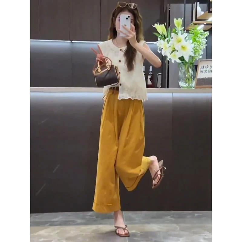 今年流行的夏装套装镂空无袖上衣阔腿裤小个子显高时尚减龄两件套