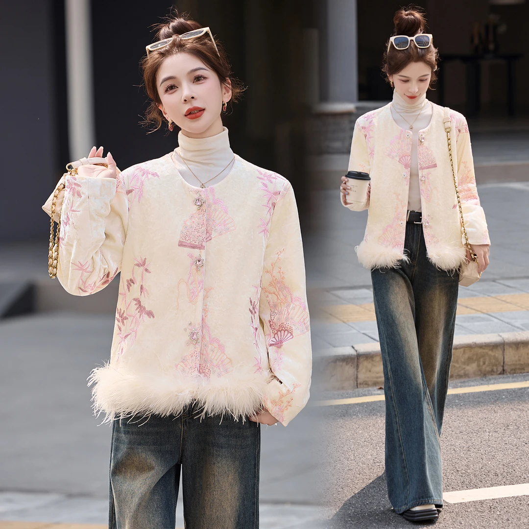 新中式国风复古刺绣羽绒服女2025冬季新款名媛气质白鸭绒短款外套