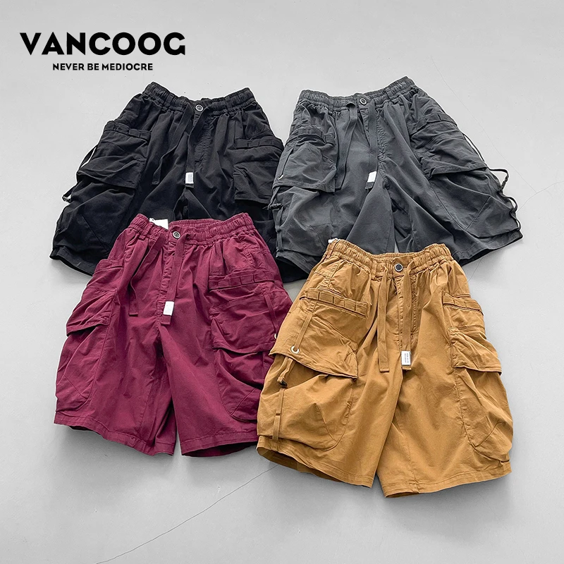 VANCOOG夏季美潮重磅宽松个性工装中裤多口袋水洗复古哈伦短裤男