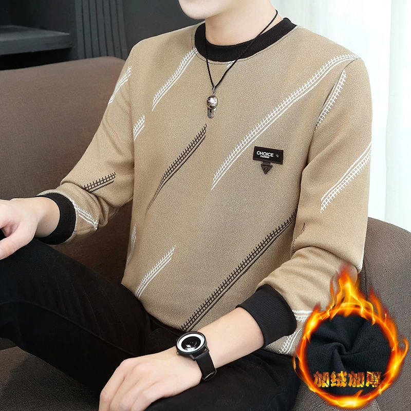男士卫衣毛衣秋冬季新款一体加绒加厚宽松圆领保暖上衣打底针织衫